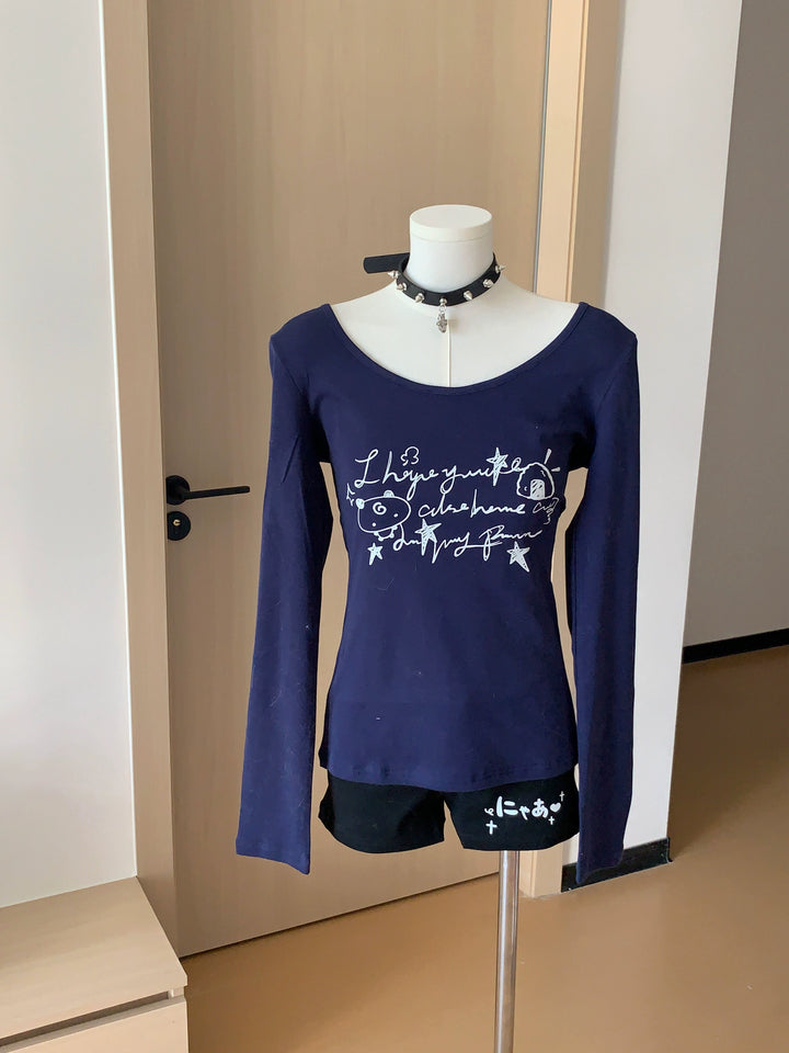 Long-Sleeved Gyaru Style Shirt with Otaku Graphic Print 42901:757249