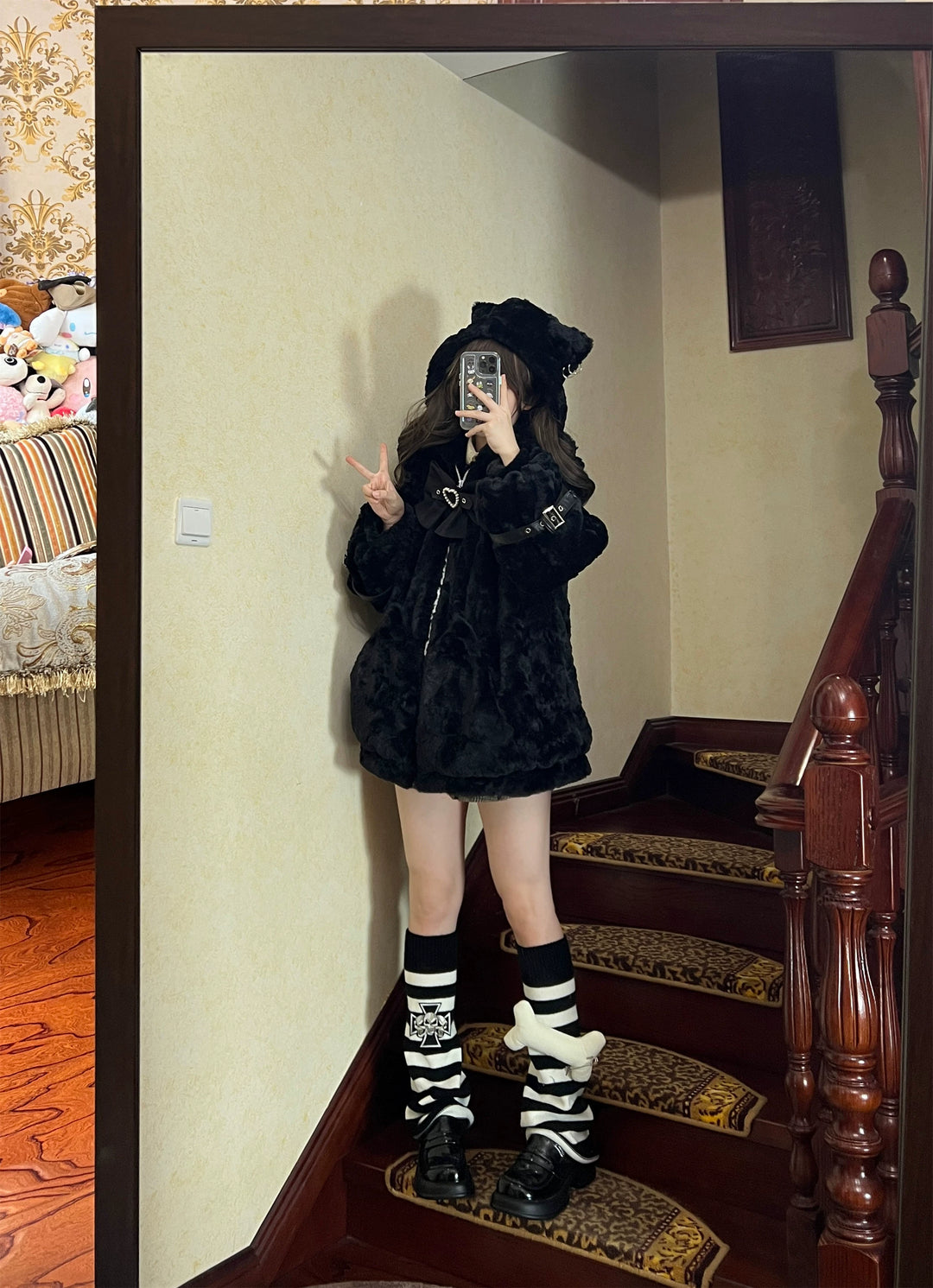 Jirai Kei Coat Cat Ear Hood Jacket Fleece Coat 39958:646646