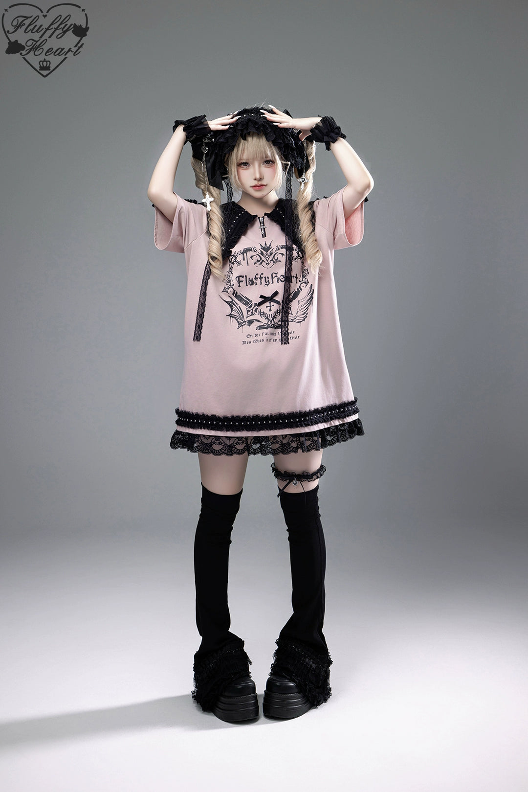 Cotton Sub Jirai Kei T-Shirt Dress, Pointed Collar, Open Shoulder 43373:774842