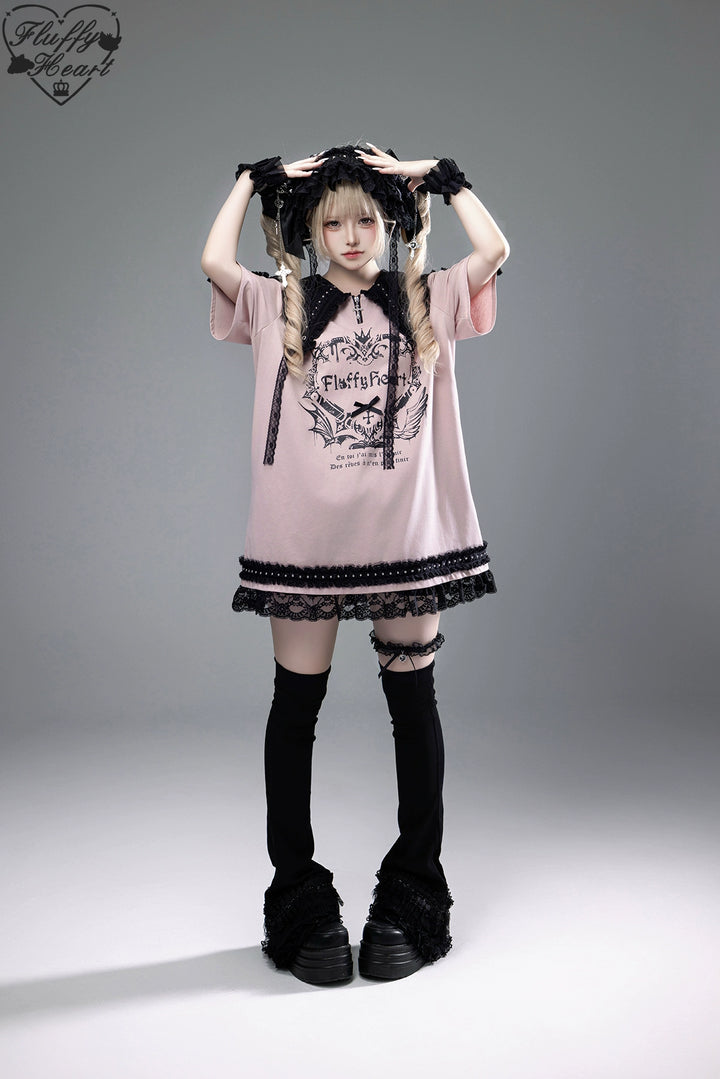 Cotton Sub Jirai Kei T-Shirt Dress, Pointed Collar, Open Shoulder 43373:774842