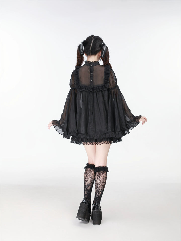 Black/White Jirai Kei Jumper Dress & Hime-Sleeved Sheer Blouse 43326:773598