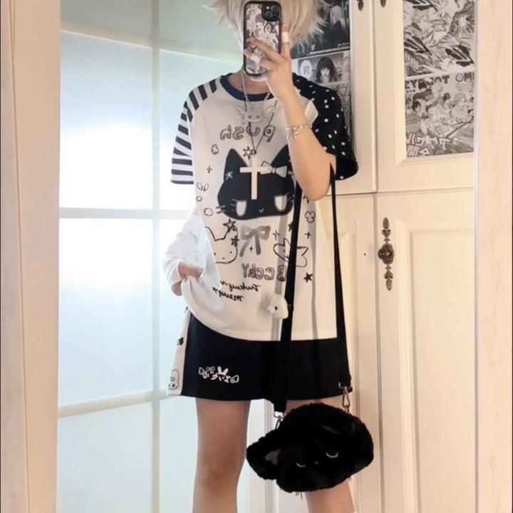 Kawaii Otaku Anime Cat Print Cotton Shirt Black & White 42851:755325