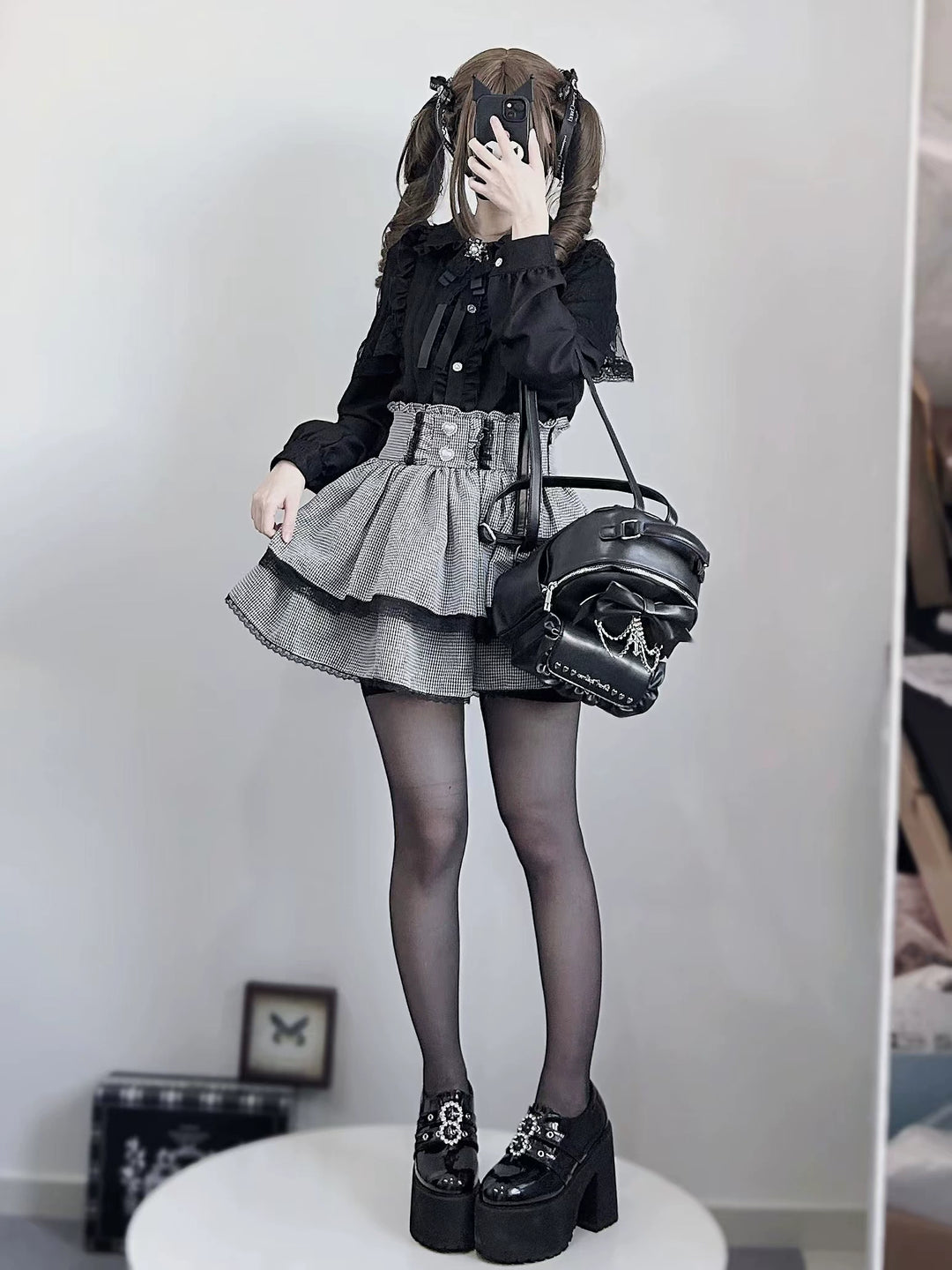 Jirai Kei Skirt Set Long Sleeve Lace Blouse And Skirt Set 41034:769574