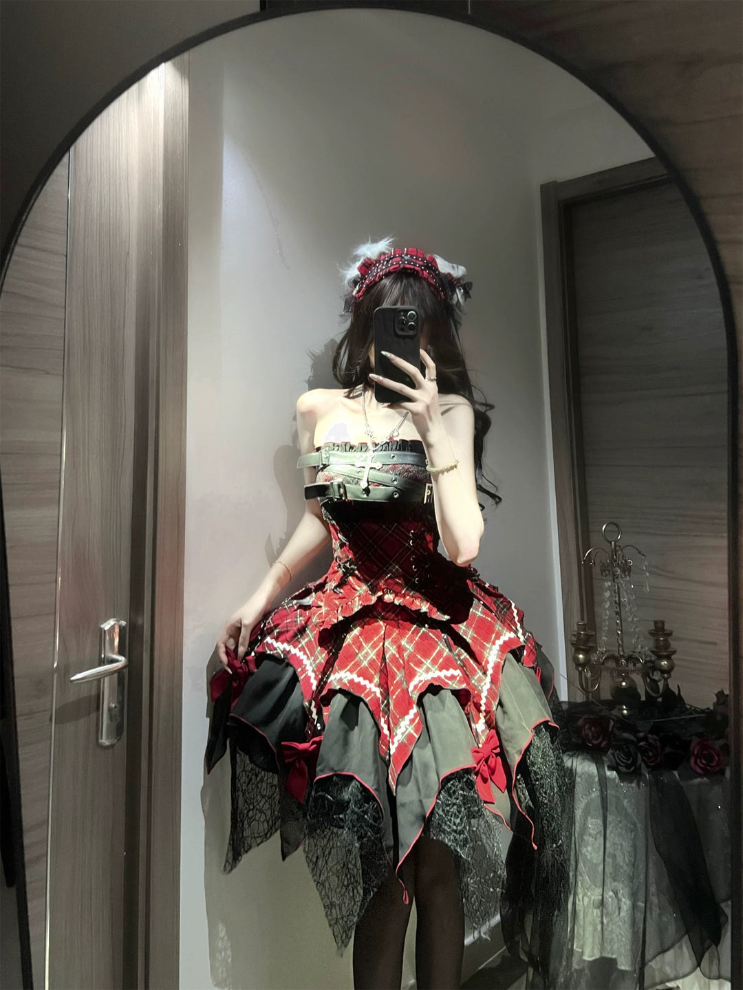 Gothic Lolita Dress Red Purple Top Irregular Skirt Hem Set 39142:615888