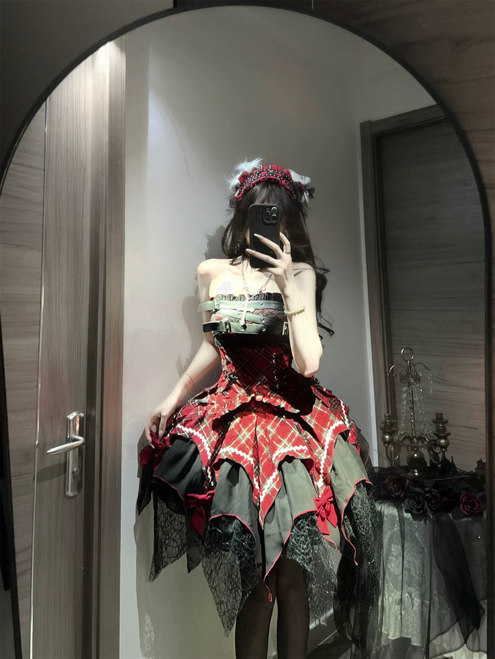 Gothic Lolita Dress Red Purple Top Irregular Skirt Hem Set 39142:615888