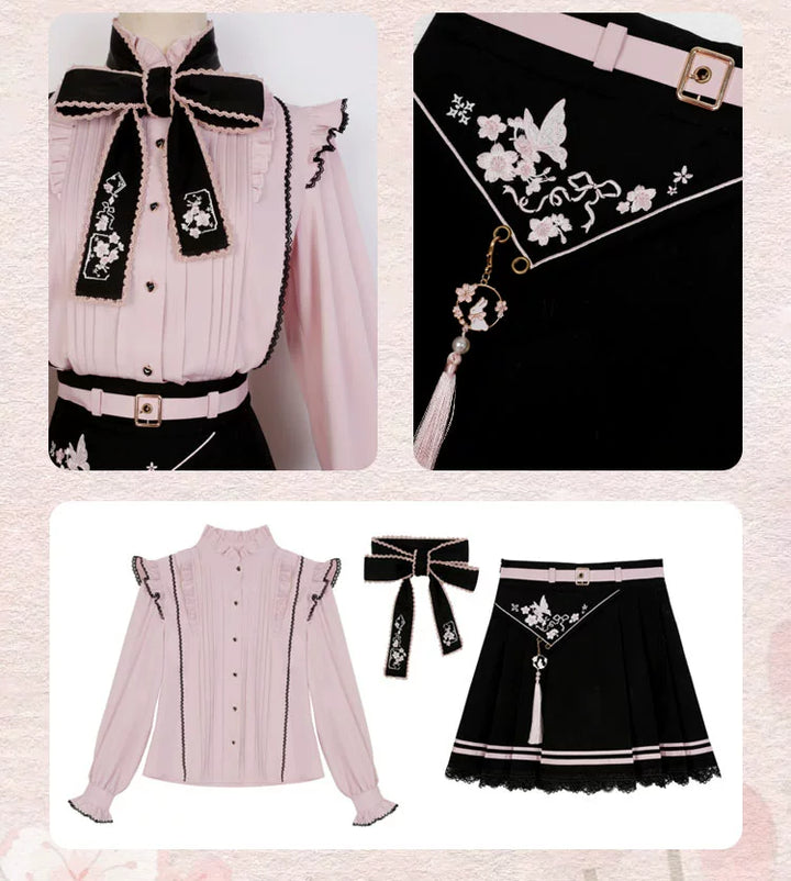 Pink Jirai Kei Blouse Black Skirt Chinese Hanfu Two-piece Set 22036:362428