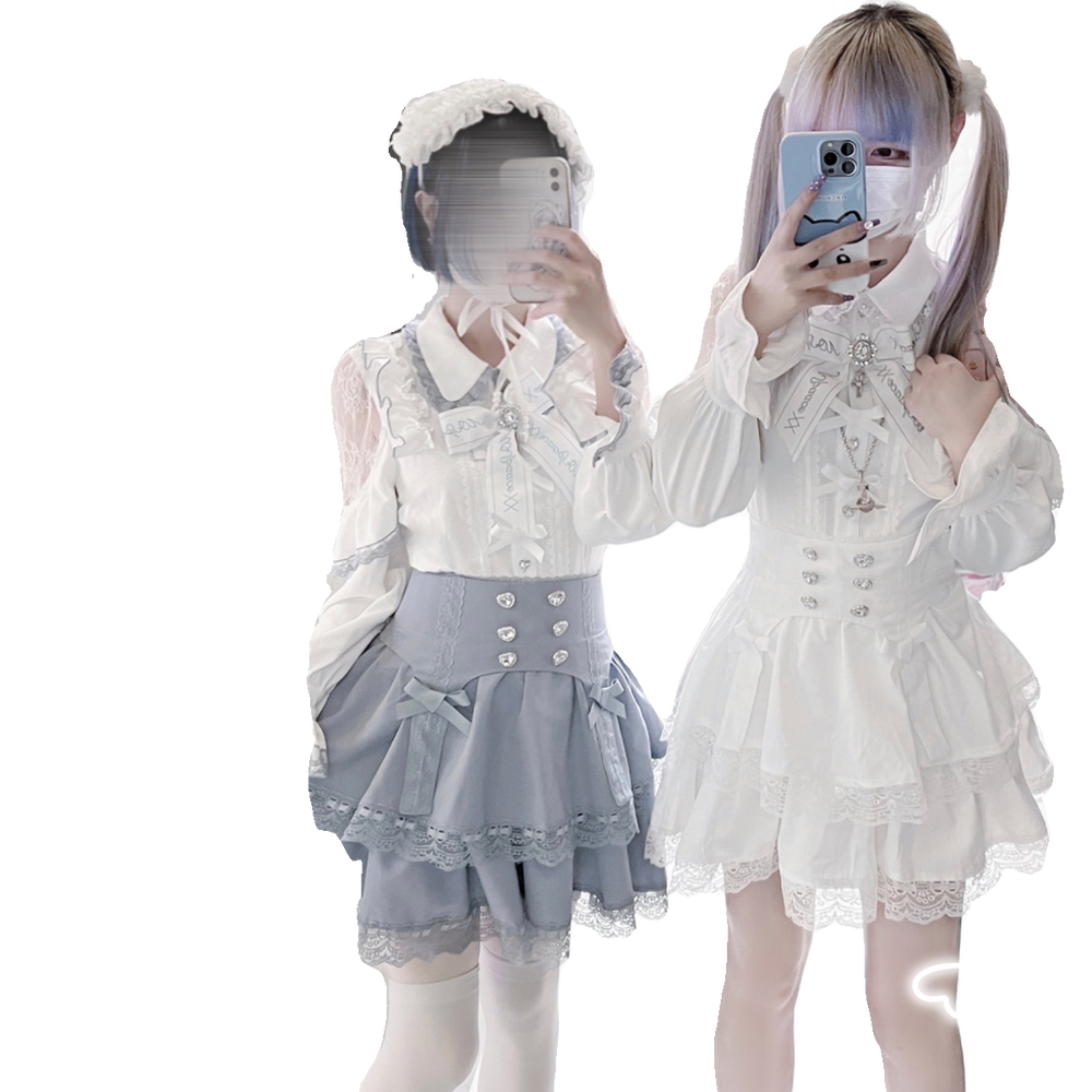 Jirai Kei Blouse Mini Skirt Patchwork Open Shoulder Bi Color Shirt 34500:463830