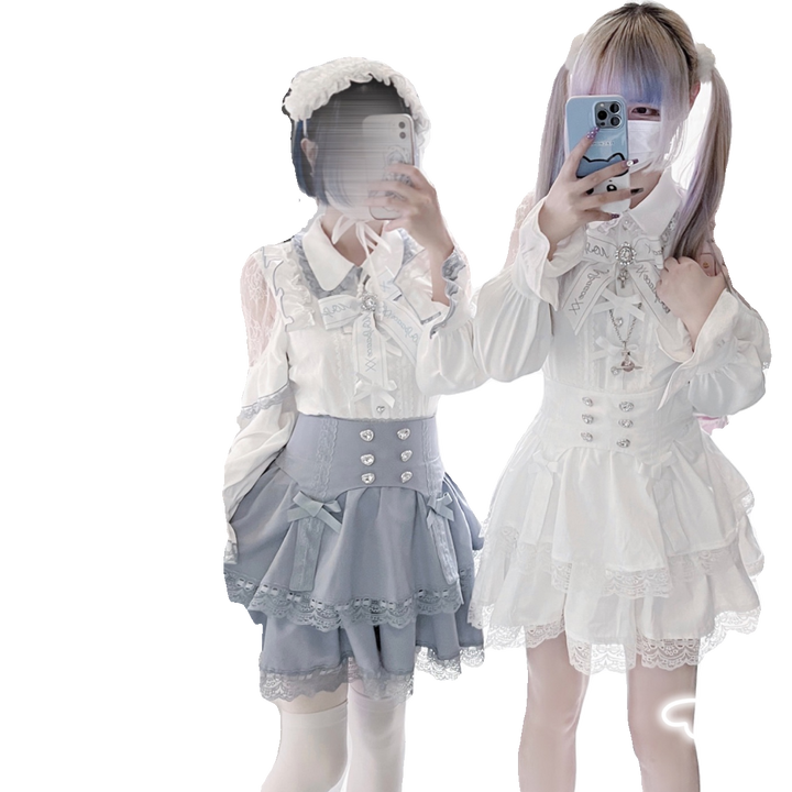 Jirai Kei Blouse Mini Skirt Patchwork Open Shoulder Bi Color Shirt 34500:463830