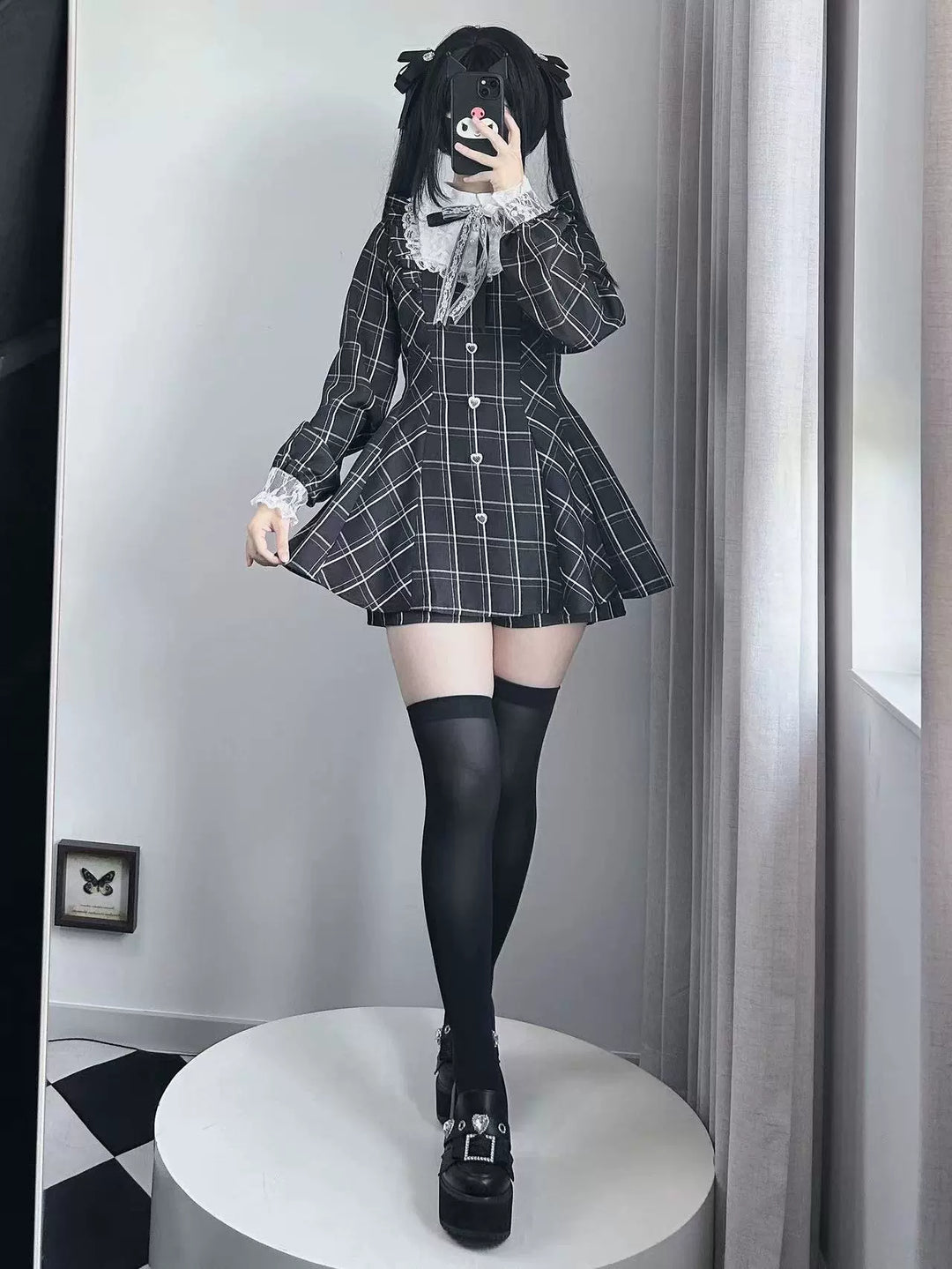 Jirai Kei Dress Set Long-sleeved Plaid Dress And Shorts 39444:620616