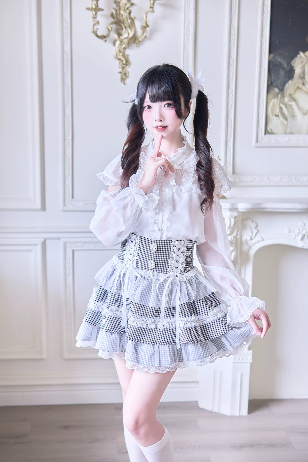 Jirai Kei Ruffle Tiered Skirt with Lace and Bows Multicolor (L M S) 42894:758569