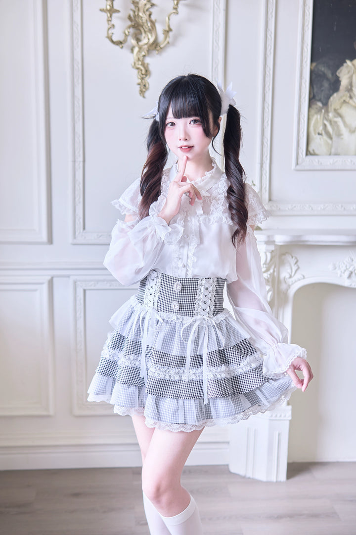 Jirai Kei Ruffle Tiered Skirt with Lace and Bows Multicolor (L M S) 42894:758569