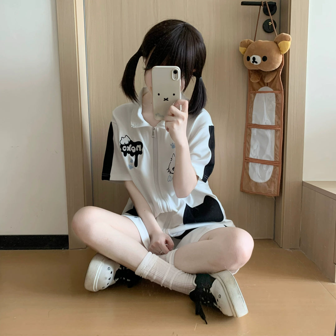 Cat Printed Kawaii Outfit, Zip Up Sweatshirt + Pocketed Shorts 43561:779957