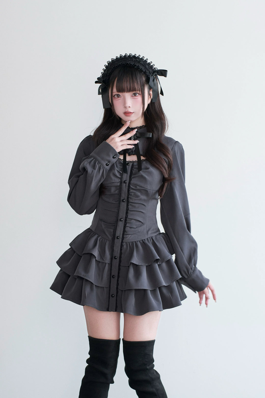 Black/Gray Jirai Kei Lace-Up Dress, Elastic Shorts 44329:806149