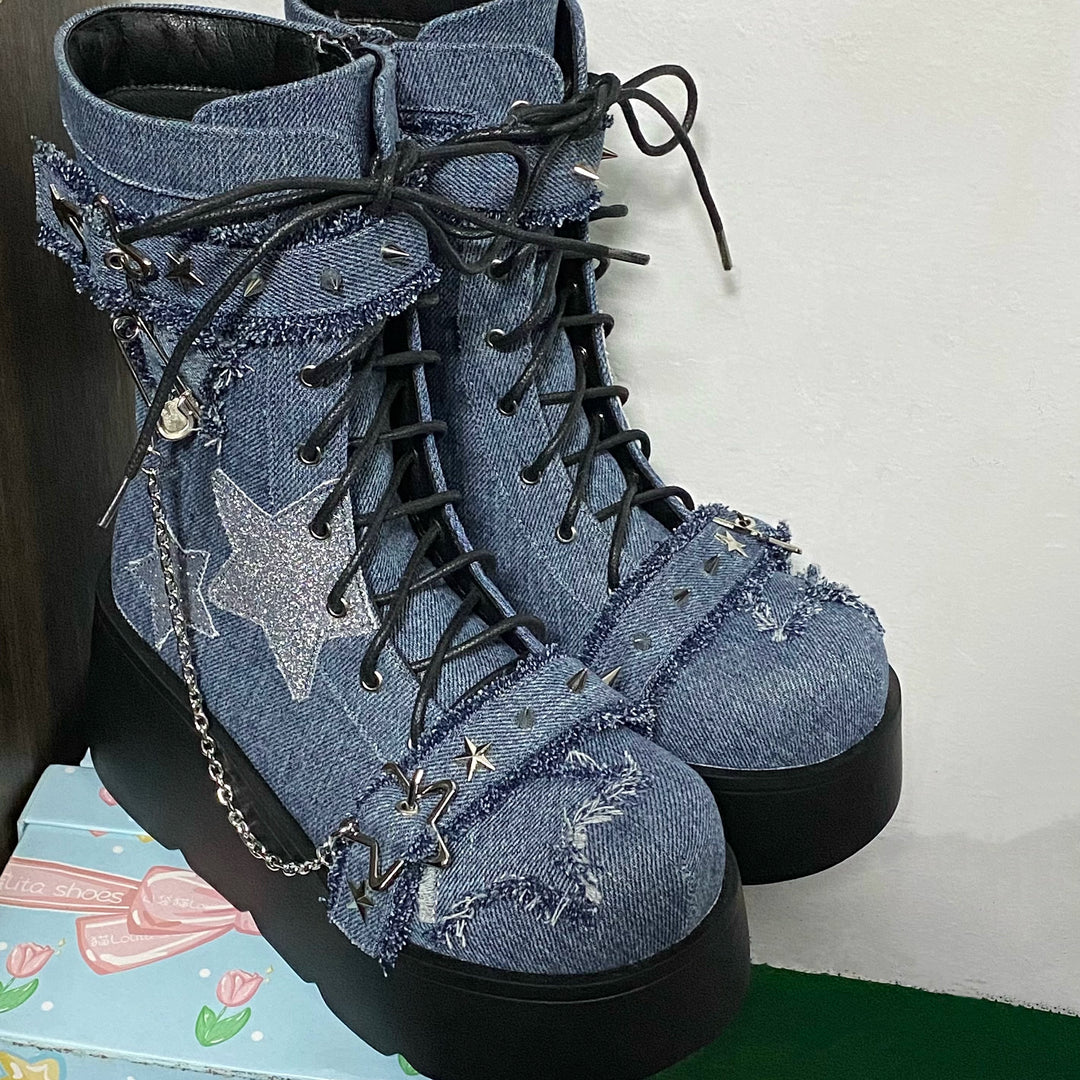 Y2K Platform Shoes Gyaru Fashion Boots Canvas Combat Boots 35060:487904