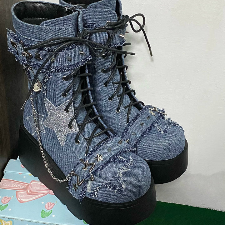 Y2K Platform Shoes Gyaru Fashion Boots Canvas Combat Boots 35060:487904