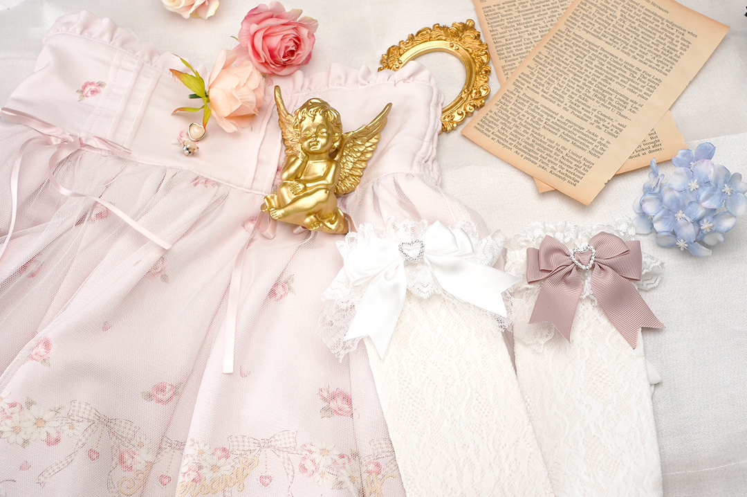 Jirai Kei Socks Kawaii Heart-Shaped Rhinestones and Bow Detail 21542:308654