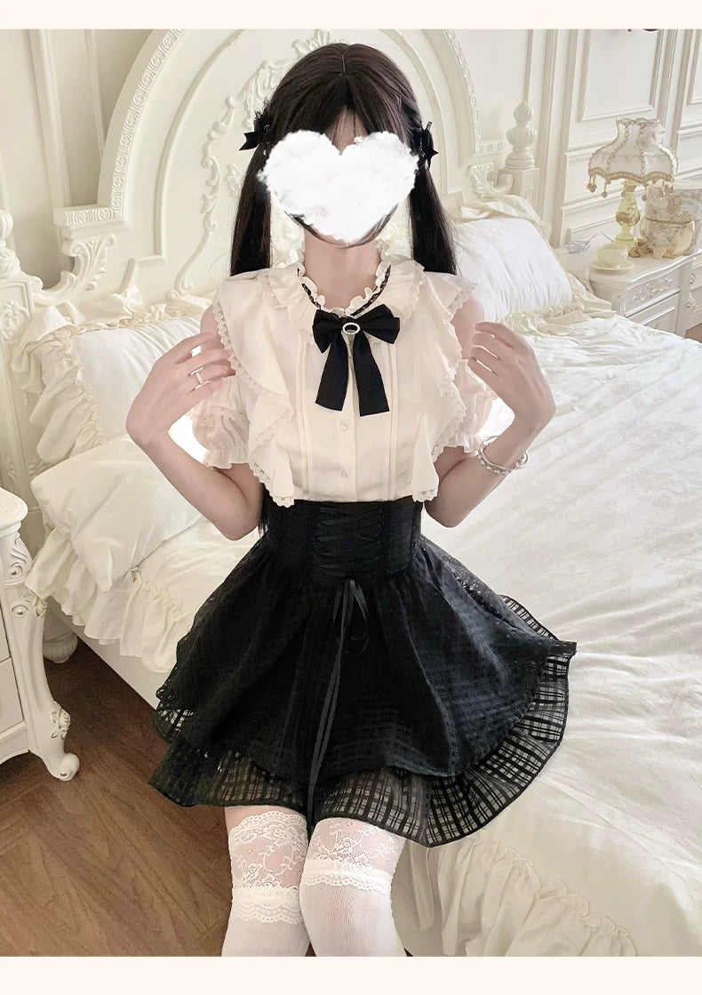 Black Jirai Kei Skirt Set with Open-shoulder Lace Blouse 42239:819002