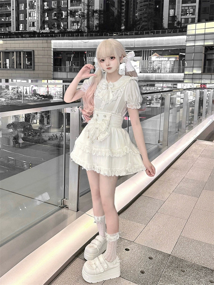 White Ryousangata Suspender Skirt, Peter Pan Collar Blouse 43475:777750