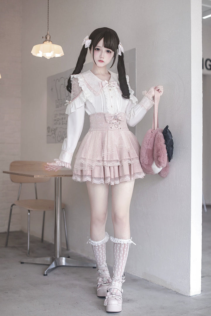 Jirai Kei Tiered Tuffles Skirt, Elastic High-Waist 44587:814545