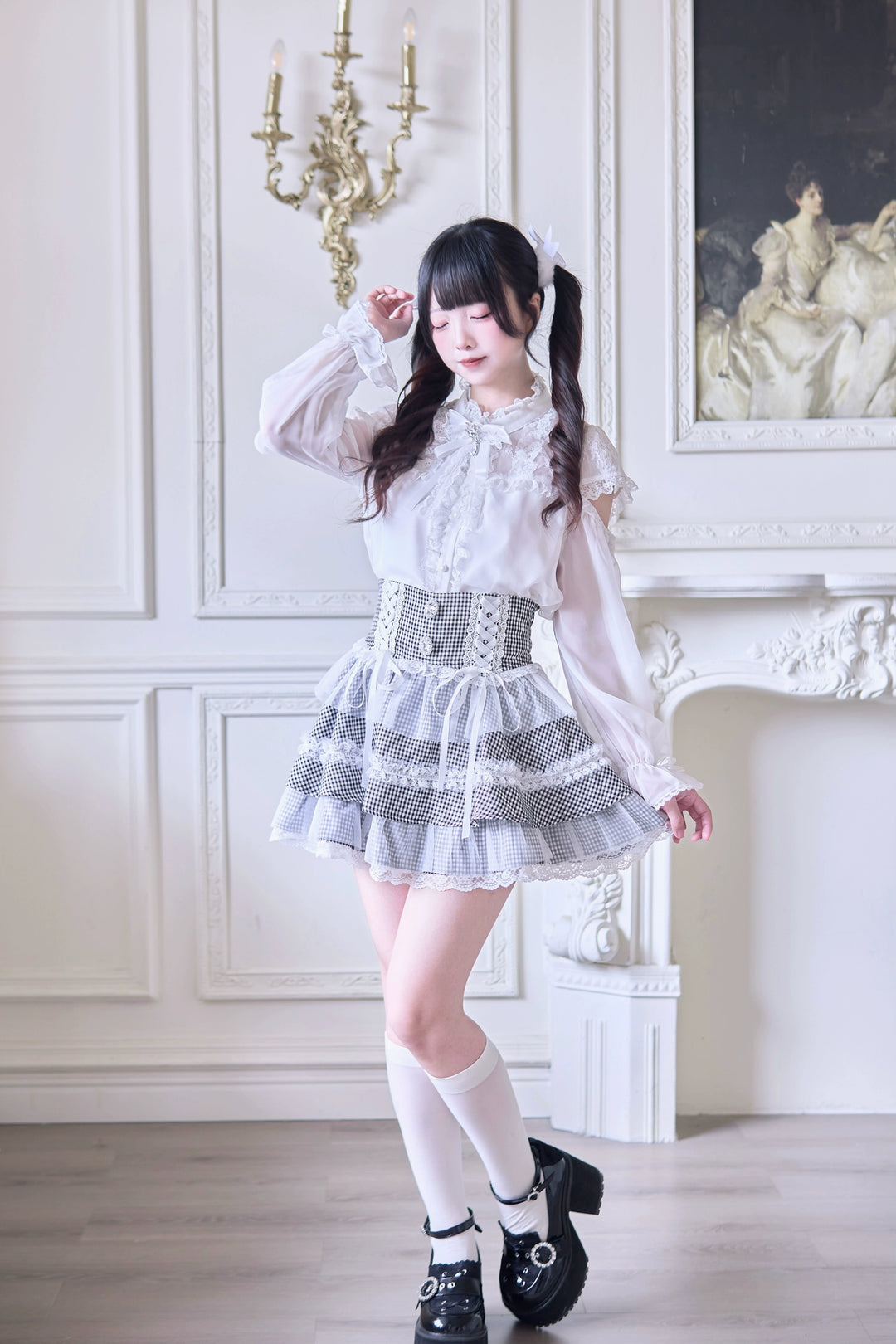 Jirai Kei Ruffle Tiered Skirt with Lace and Bows Multicolor 42894:758571