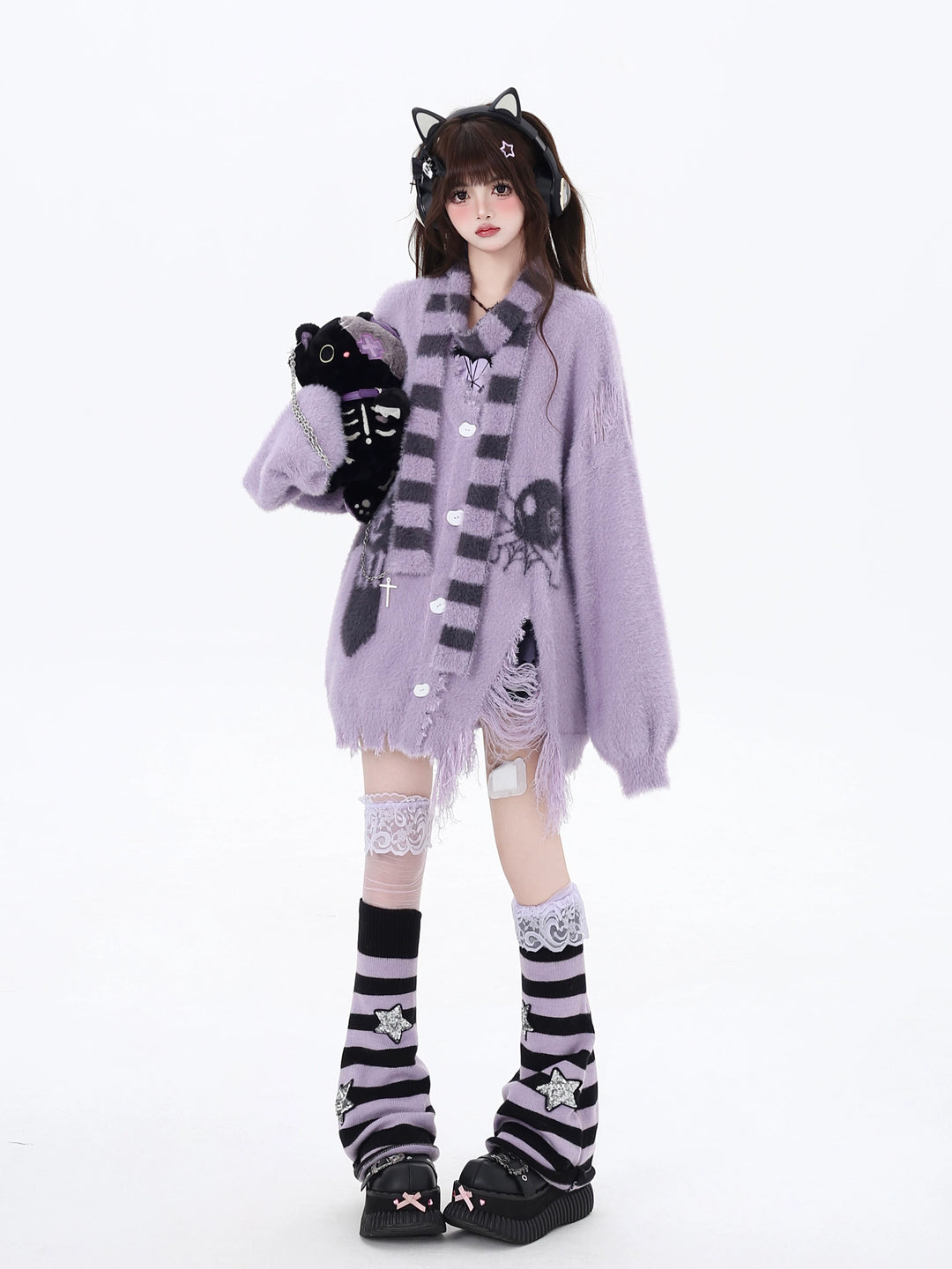 Jirai Kei Sweater Irregular Hem Cardigan With Striped Scarf (L M S) 40922:680452