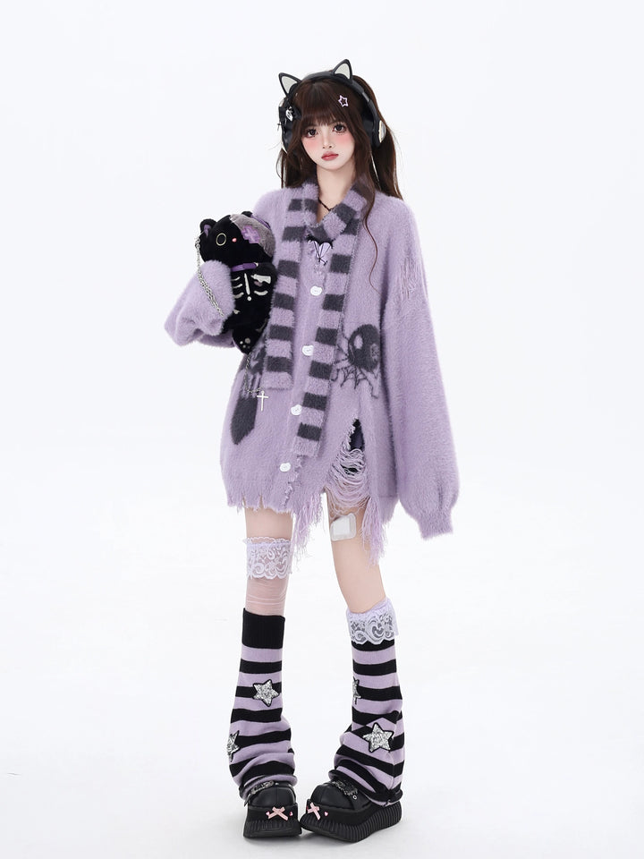 Jirai Kei Sweater Irregular Hem Cardigan With Striped Scarf (L M S) 40922:680452