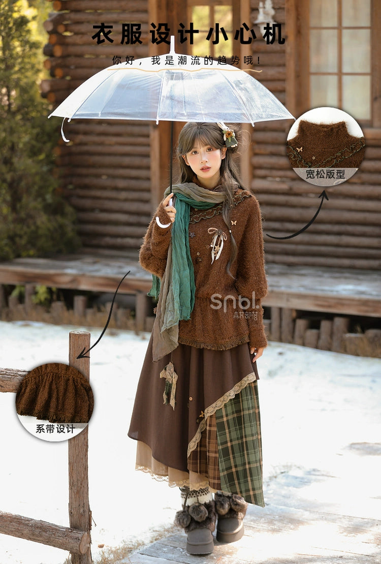 Mori Kei Stand-Collar Sweater, Irregular Plaid Skirt 44214:803835