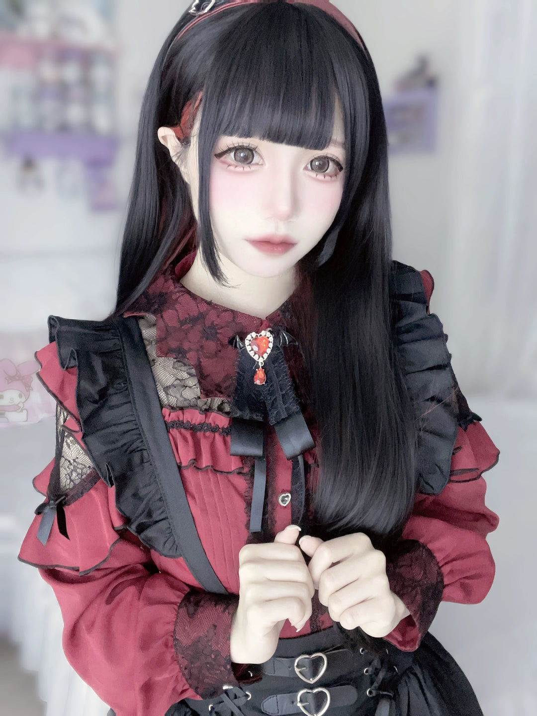 Jirai Kei Blouse Lace Bat Collar Burgundy And Black Shirt 39630:633414