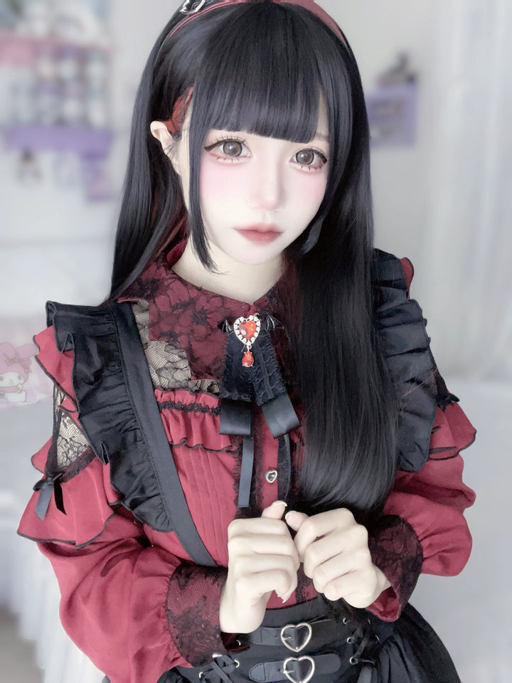 Jirai Kei Blouse Lace Bat Collar Burgundy And Black Shirt 39630:633414