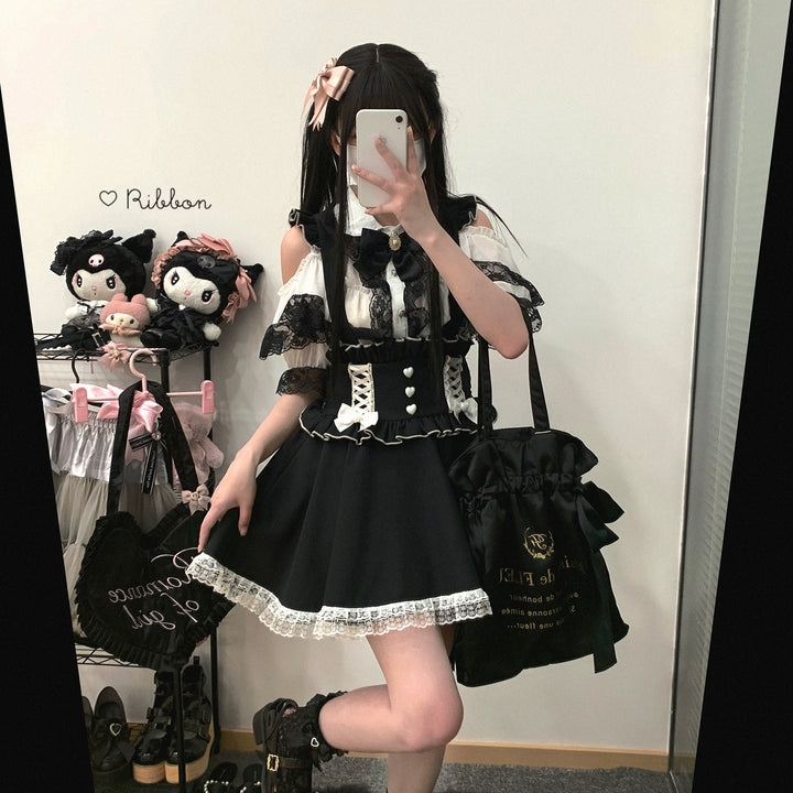 Jirai Kei Shirt Lace Double Layer Short Sleeve Open Shoulder Blouse 35374:529716