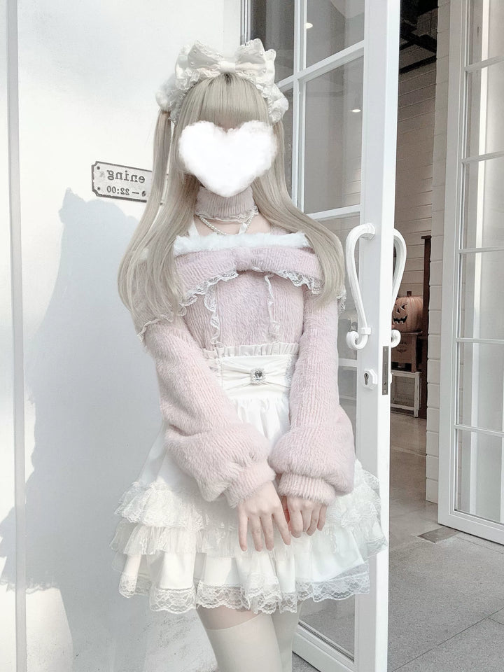 High-Waistband Jirai Kei Skirt, Tiered Lace Hem 44115:803736