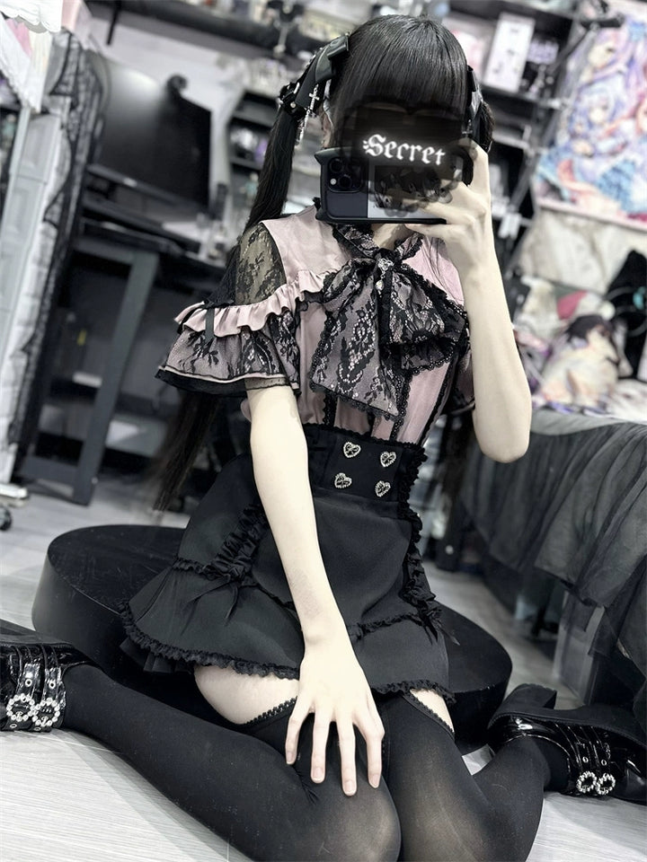 Jirai Kei Blouse Lace Open Shoulder Shirt Short Sleeve 37852:573308