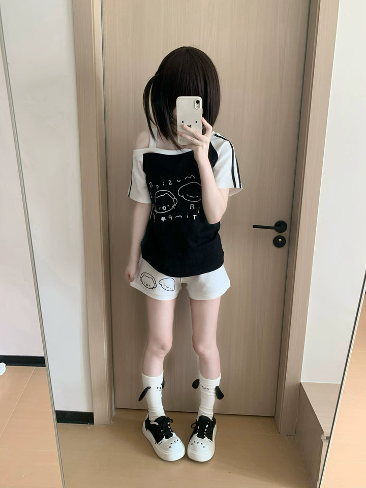 Kawaii Summer Music Time Printed T-shirt, Shorts With Pockets 42904:757284