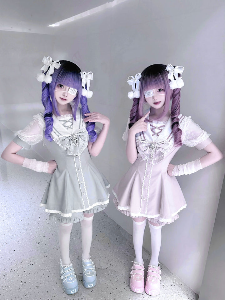 Jirai Kei Dress With Pearl Chain And Big Rhinestone Bow Tie 42813:764872