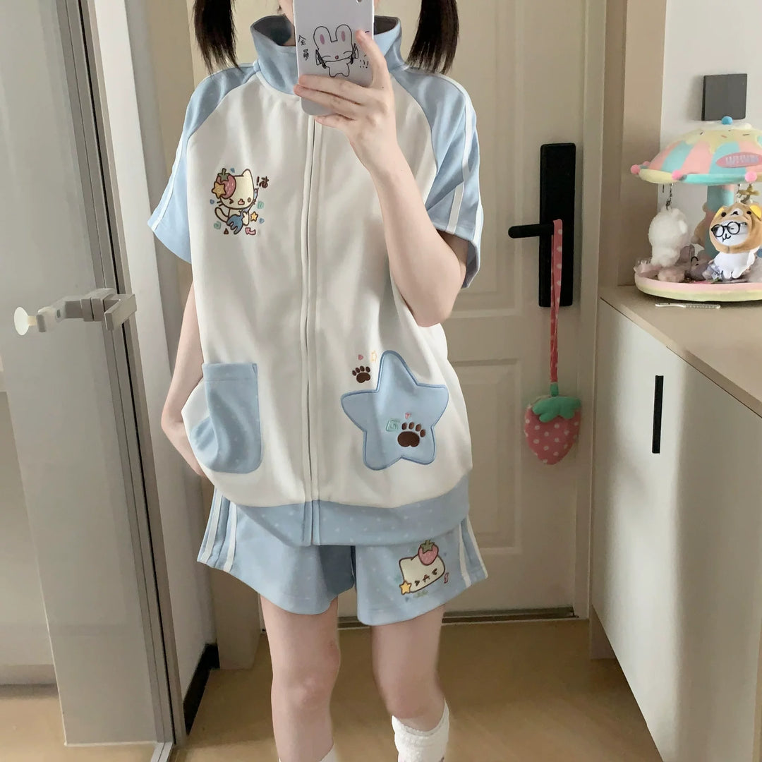 Kawaii Jacket and Shorts Set, Star & Cat Embroidery 45640:857454