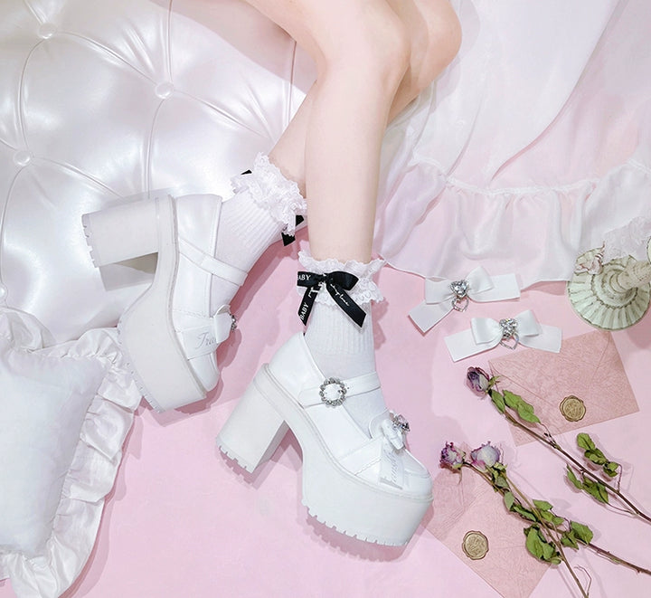 Jirai Kei Shoes Rhinestone Bow Platform Shoes With Shoe Clip 38042:594450