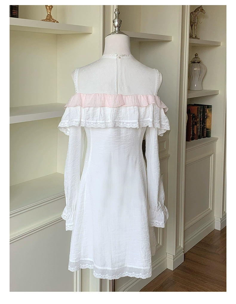 Open Shoulder Ryousangata A-Line Dress with Lace & Bow 43070:764337