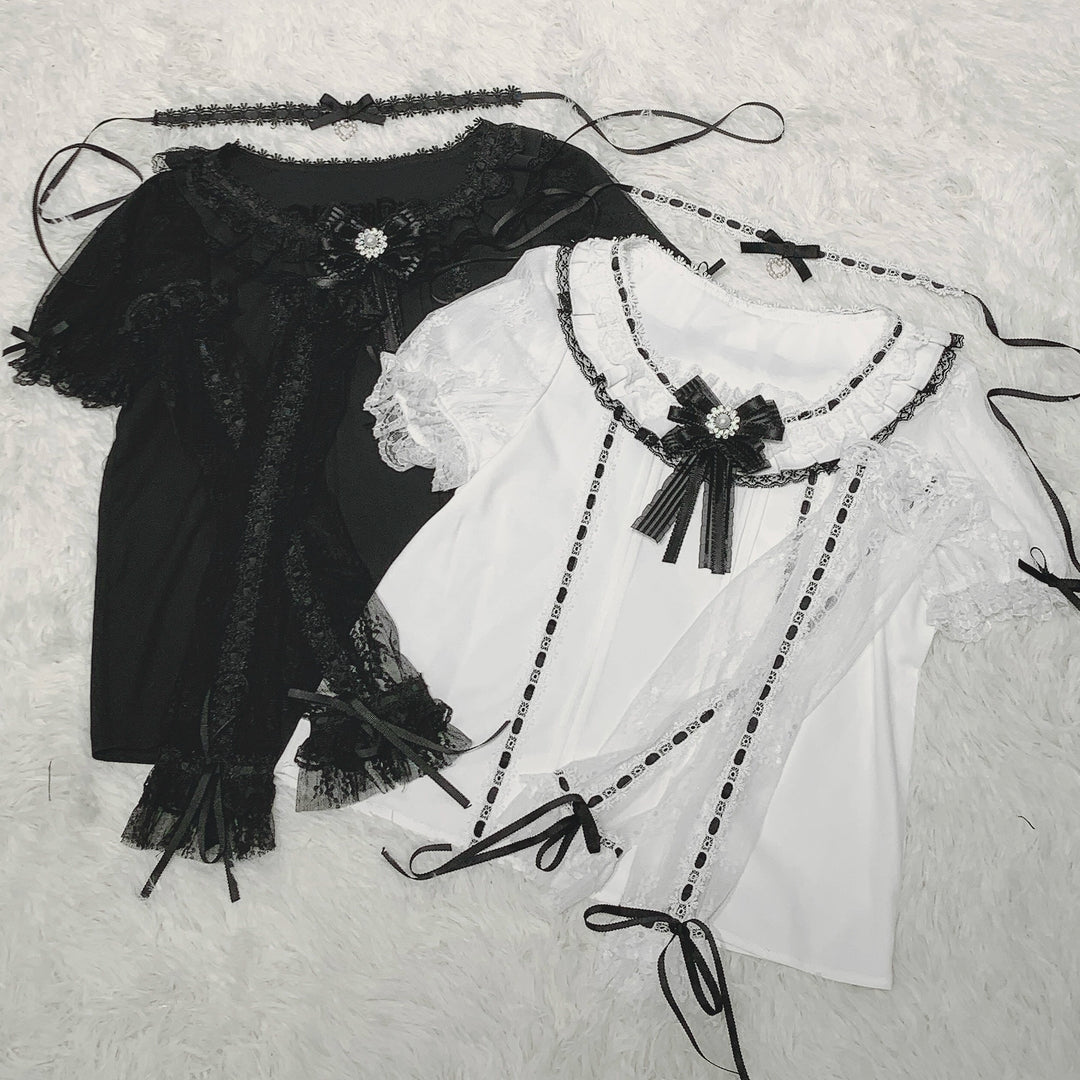 Short-Sleeved Jirai Kei Blouse with Choker and Tulle Cuffs 42862:755757