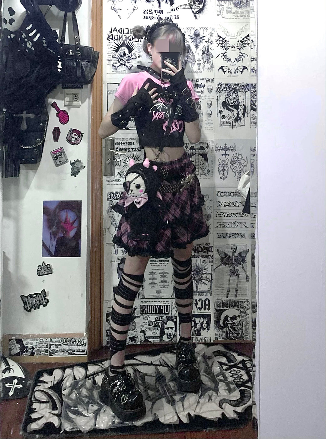 Punk Plaid Skirt Pink Blue Skirt Bow Layered Ruffle Skirt 33818:445918 33818:445918
