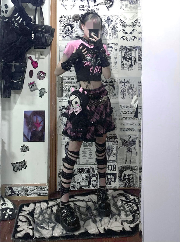 Punk Plaid Skirt Pink Blue Skirt Bow Layered Ruffle Skirt 33818:445918 33818:445918