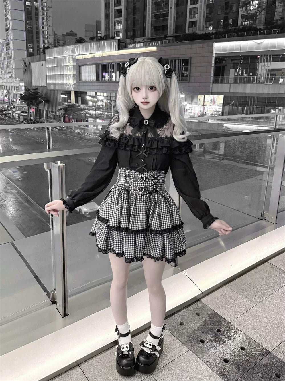 Black Jirai Kei Blouse, Lace Shoulder Design 44679:818771