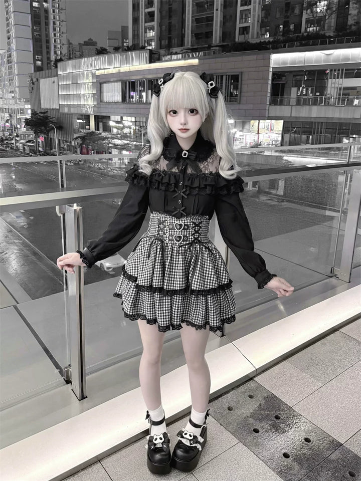 Black Jirai Kei Blouse, Lace Shoulder Design 44679:818771