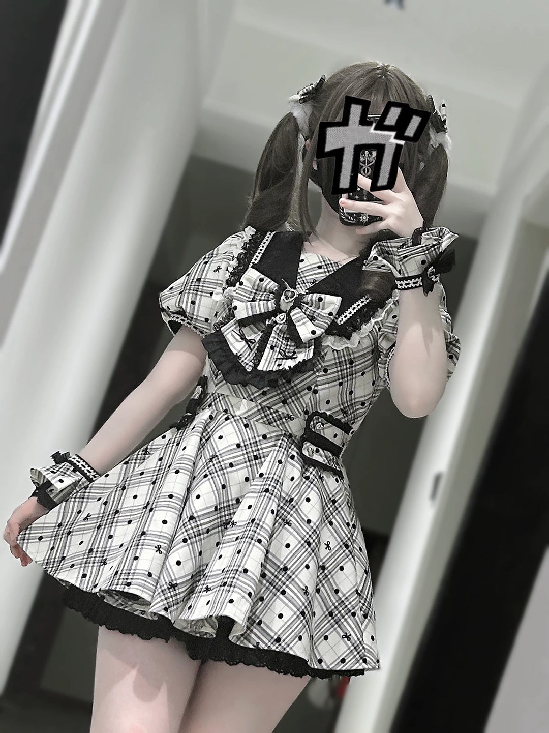 Cotton Lining Jirai Kei Dress, Plaid & Polka Dot Style 44924:829912