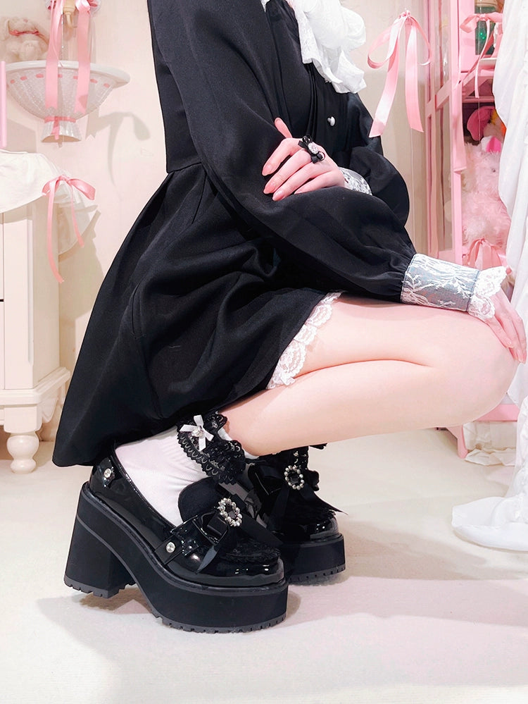 Jirai Kei Shoes Bow Tie Rhinestone Platforms High-heel Shoes 38516:590822