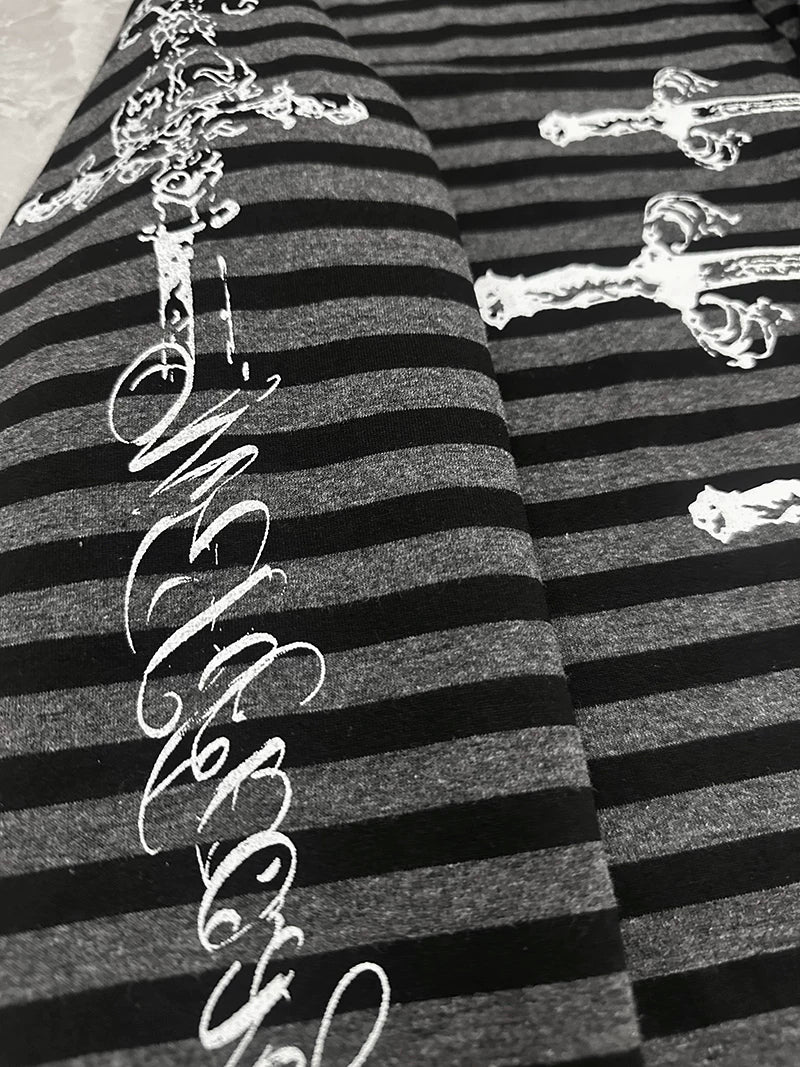Gothic Striped Long Sleeve Polo Shirt, Carved Swords Print 46067:874784