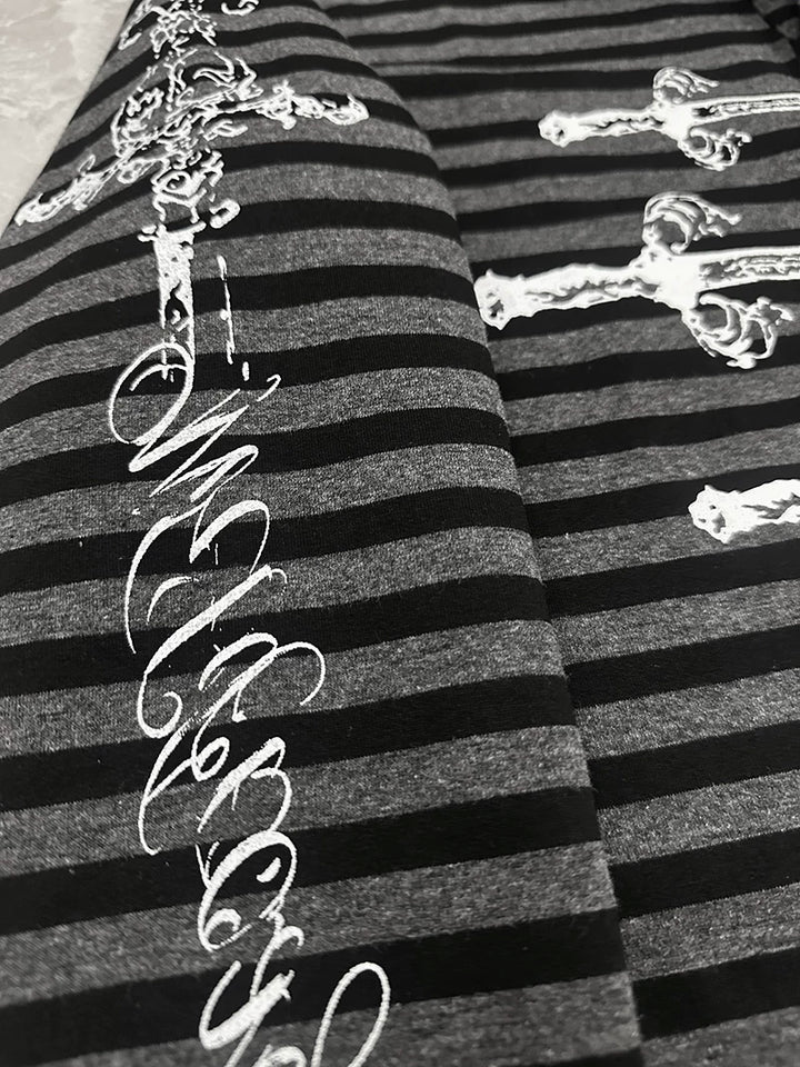 Gothic Striped Long Sleeve Polo Shirt, Carved Swords Print 46067:874784