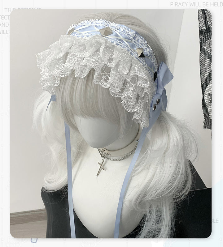 Jirai Kei Hairband with Ribbon Lace and Rivets 42804:753961