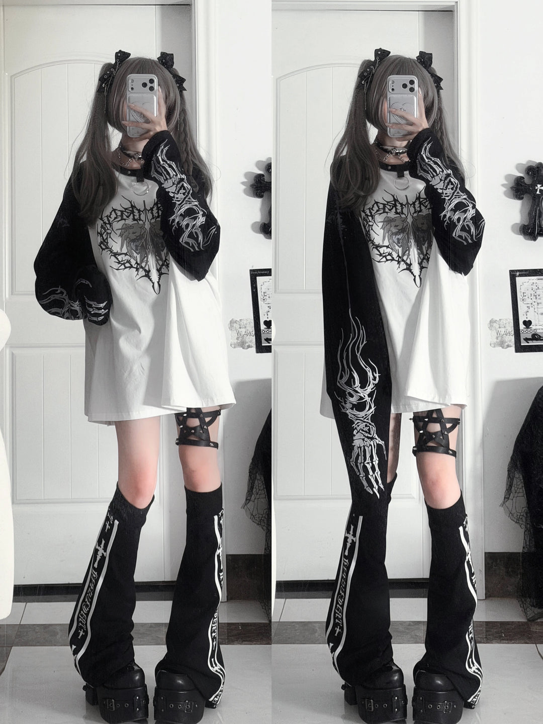 Gothic Long Sleeve Cotton T-Shirt, Demon Ram Embroidery 46062:875024