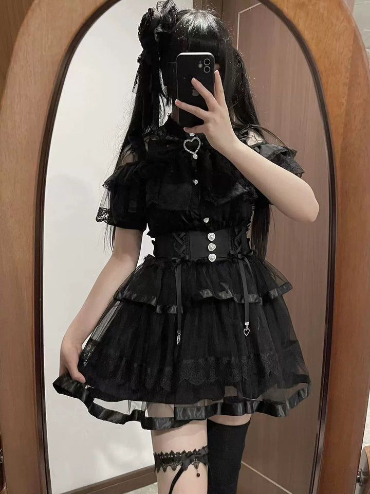 Jirai Kei Blouse Ruffle Lace Ribbon Shirt 38554:591928