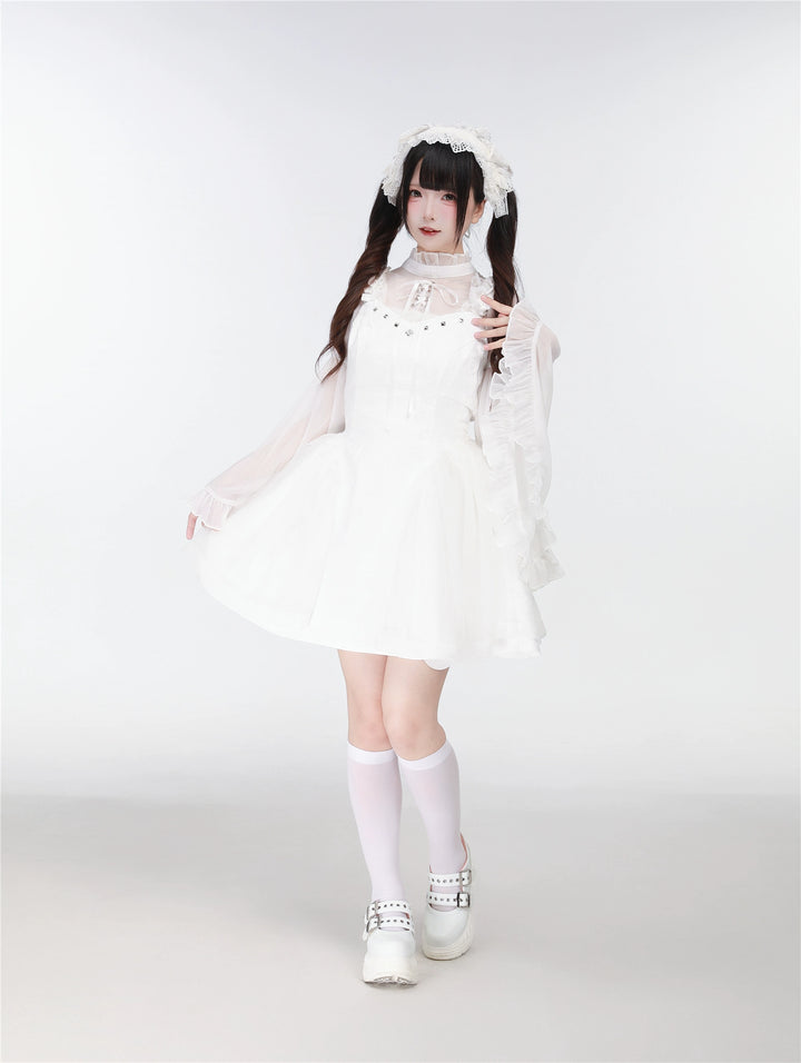 Black/White Jirai Kei Jumper Dress & Hime-Sleeved Sheer Blouse 43326:773600